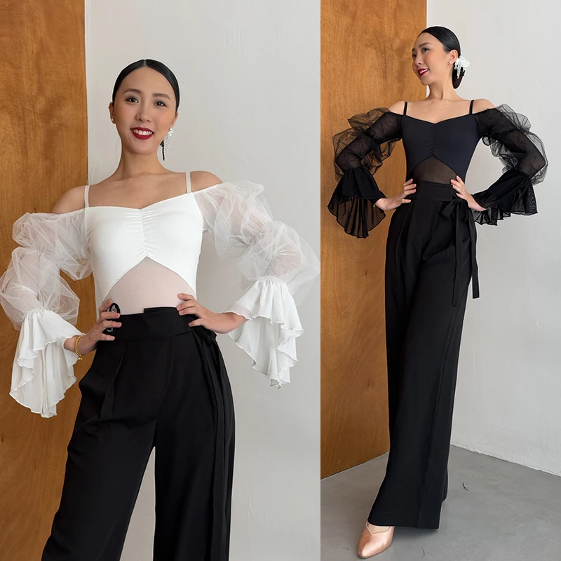 

Fluffy Mesh Sleeves Off Shoulder Ballroom Dance Tops Women Performance Clothes Adult Rumba Salsa Latin Dance Clothing BL15968