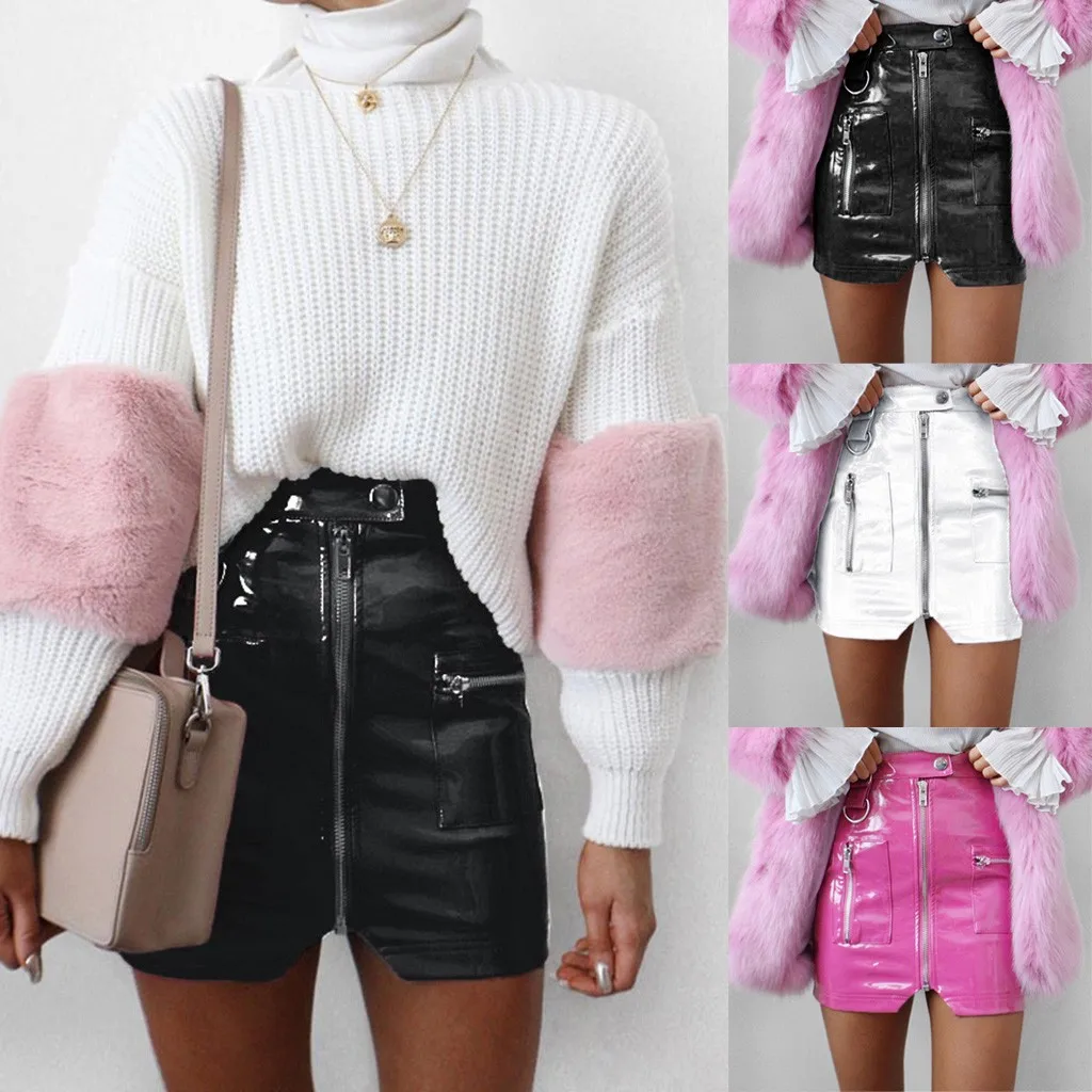 High Low Skirt Mini Peach Pink Sexy Cute Shiny Leather Skirt Fashionable All Match Zipper Multi Pocket A Line Skirt For Women