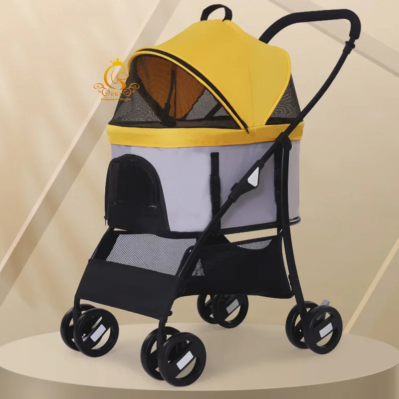 Premium Foldable Pet Stroller Iron Pipe Frame Detachable Dog Stroller with Storage Basket for Travel Outdoor Shopping