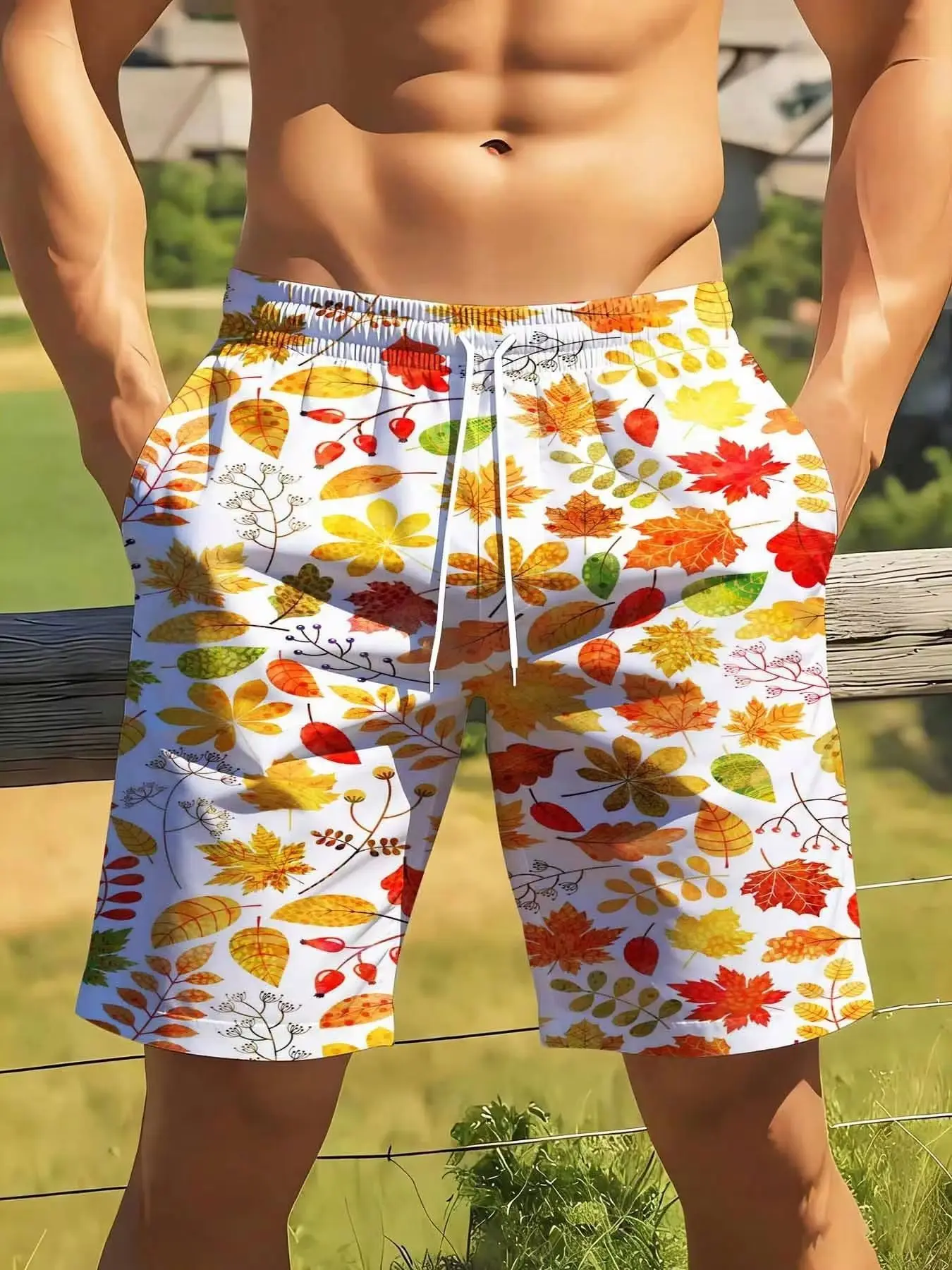 

Men Autumn Leaves Print Swim Trunks Quick Dry Beach Shorts With Drawstring [Plus Size Suitable For Casual Sports Wear]
