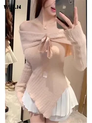 Women Coquette Solid Sheath Lace-up Sexy Sweater 2024 Autumn Hotsweet Casual Slash Neck Knitting Long Sleeve Gyaru Pullovers