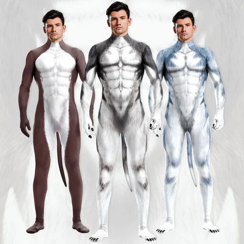 

l2025l Новый Хэллоуин Пушистый Косплей Костюм Хаски Собака Мужской Косплей Животное Волк Принт Домашнее Боди Комбинезон с Хвостом