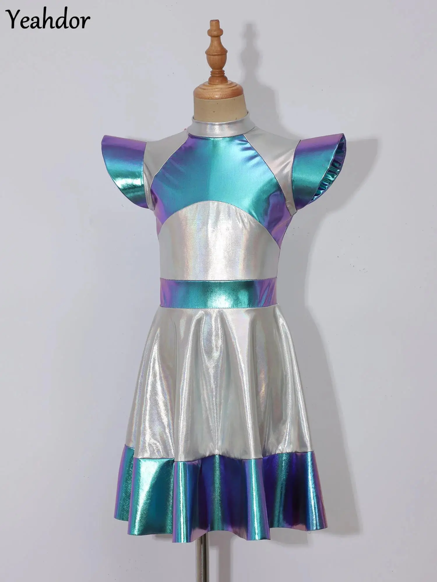 

Girls Metallic Shiny Outerspace Halloween Alien Cosplay Costume Cap Sleeve Gradients A Line Tutu Dress +Hair Hoop Future World