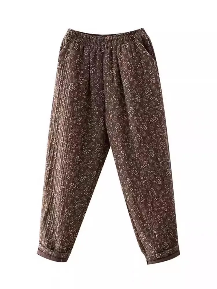 Pantalones acolchados de algodón para mujer, pantalón grueso y cálido con estampado Floral, estilo Harem Vintage, invierno, 2024