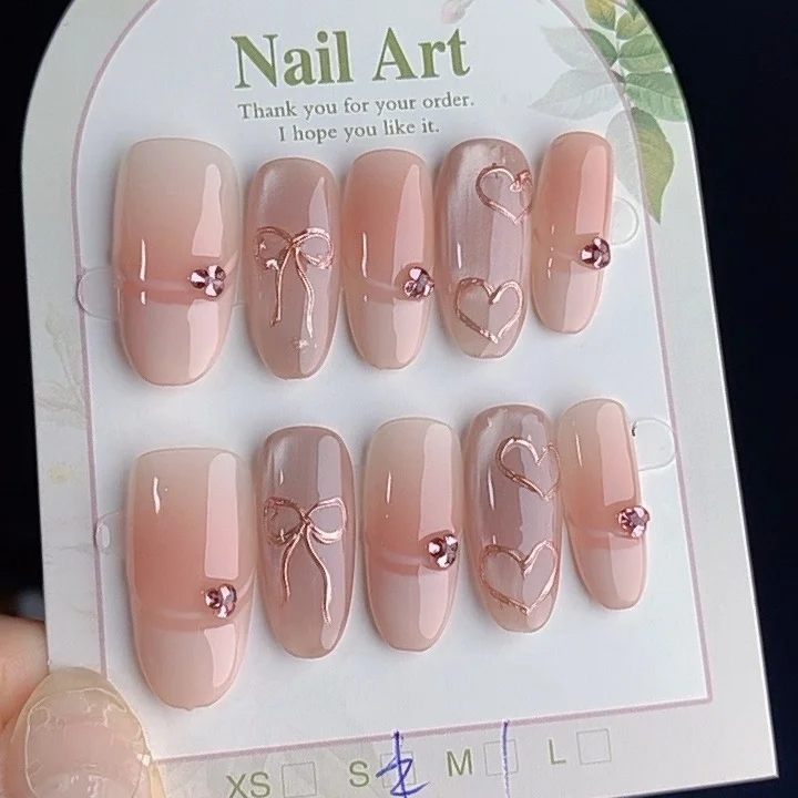 10 szt. Ręcznie Robione Słodkie Różowe Francuskie Paznokcie Doczepiane Migdałowe Kokardka Serce Sztuczne Paznokcie Śliczna Dziewczyna Cyrkonie Wielokrotnego Użytku Sztuczne Paznokcie