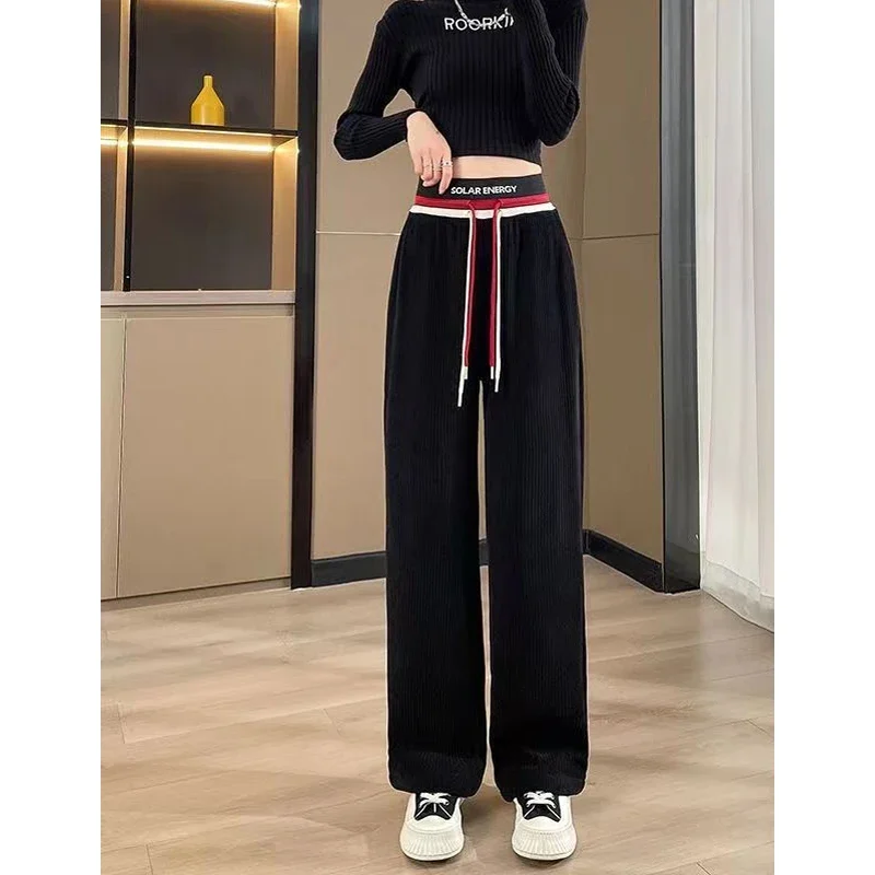 Autumn Winter New Contrast Drawstring Straight Pants High Waist Loose Trend Corduroy Wide Leg Pants Casual Fashion Women Clothes