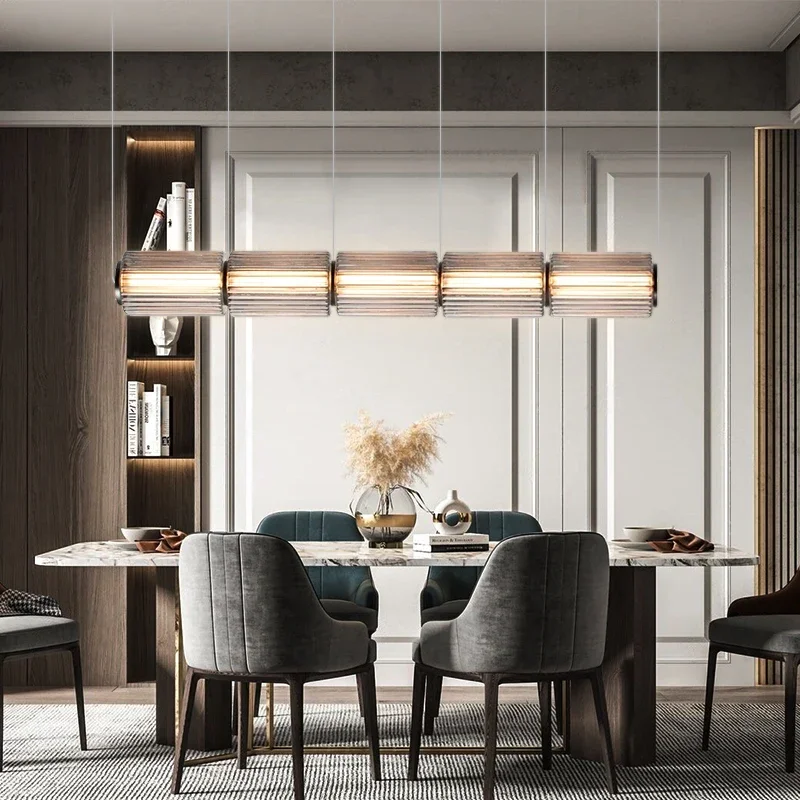 

Restaurant Long Stripe Pendant Light Smoke Gray Glass Lampshade Nordic Led Hanging Light Living Dining Room Decor Pendant Lamp
