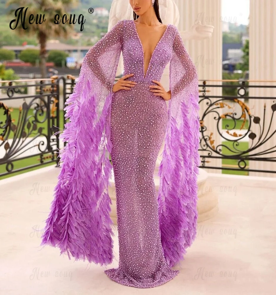 

Elegant 2023 Violet Feather Evening Dress Full Pearls Plunging Neck Illusion Formal Gowns Women Wedding Party Dresses De Soirée