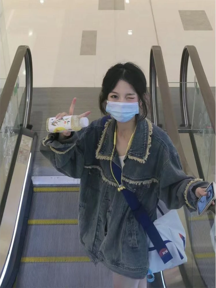 

American Vintage Tassel Lazy Style Demin Outwear Long Sleeve Casual Pocket Button Pure Color Elegant Fashion Woman Coat Autumn