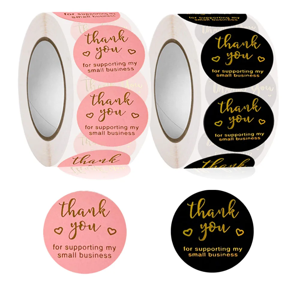 500Pcs/Roll Gilding Thank You for Supporting My Small Business Stickers Pink/Black 2.5cm/1.0inch Perfect for Aftercare