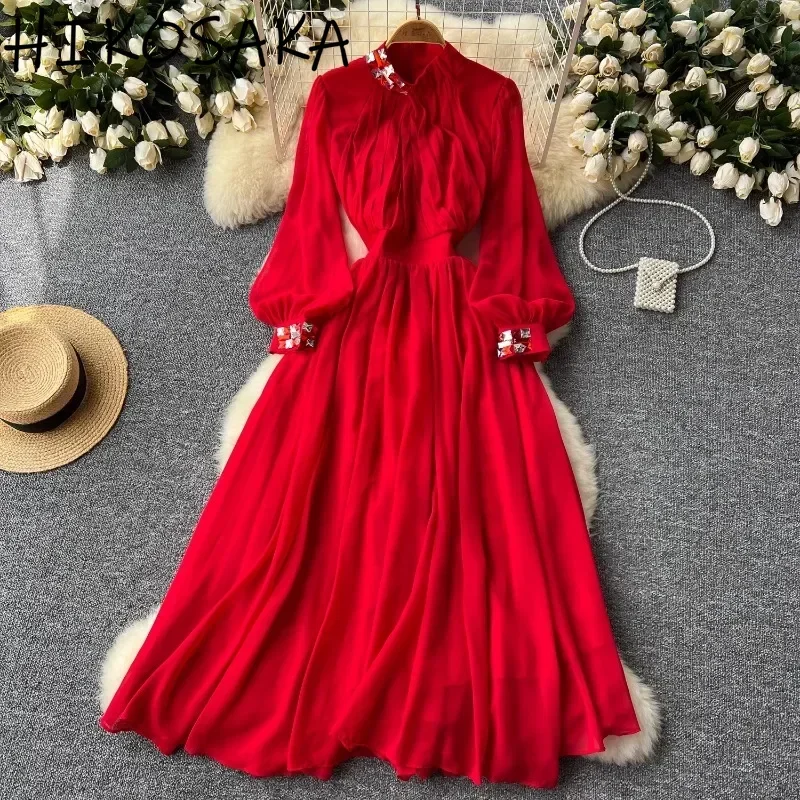 

Fashion Light Luxury Diamonds Lantern Sleeve Elegant Dress High Waist Slim A-line Big Swing Robe 2024 Autumn Winter Vestidos