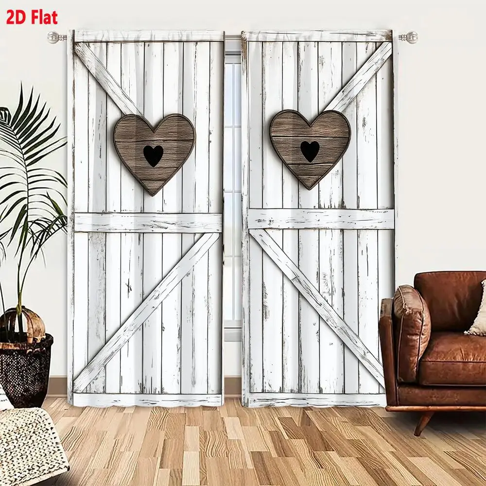 2Pcs Curtains Add 2D Flat Rustic White Wooden Barn Doors With Heart Plaques And Metal Latch Window Drapes for Bedroom Room Decor