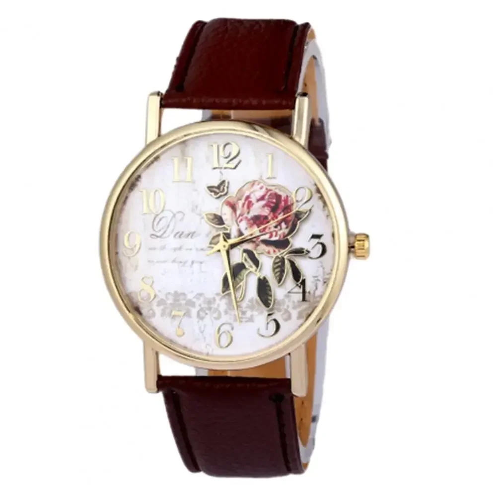 Rose Flower Round Dia Watch Women Elegant Watches Faux Leather Band Arabic Number Quartz Wristwatch Montre Femme Christmas Gift