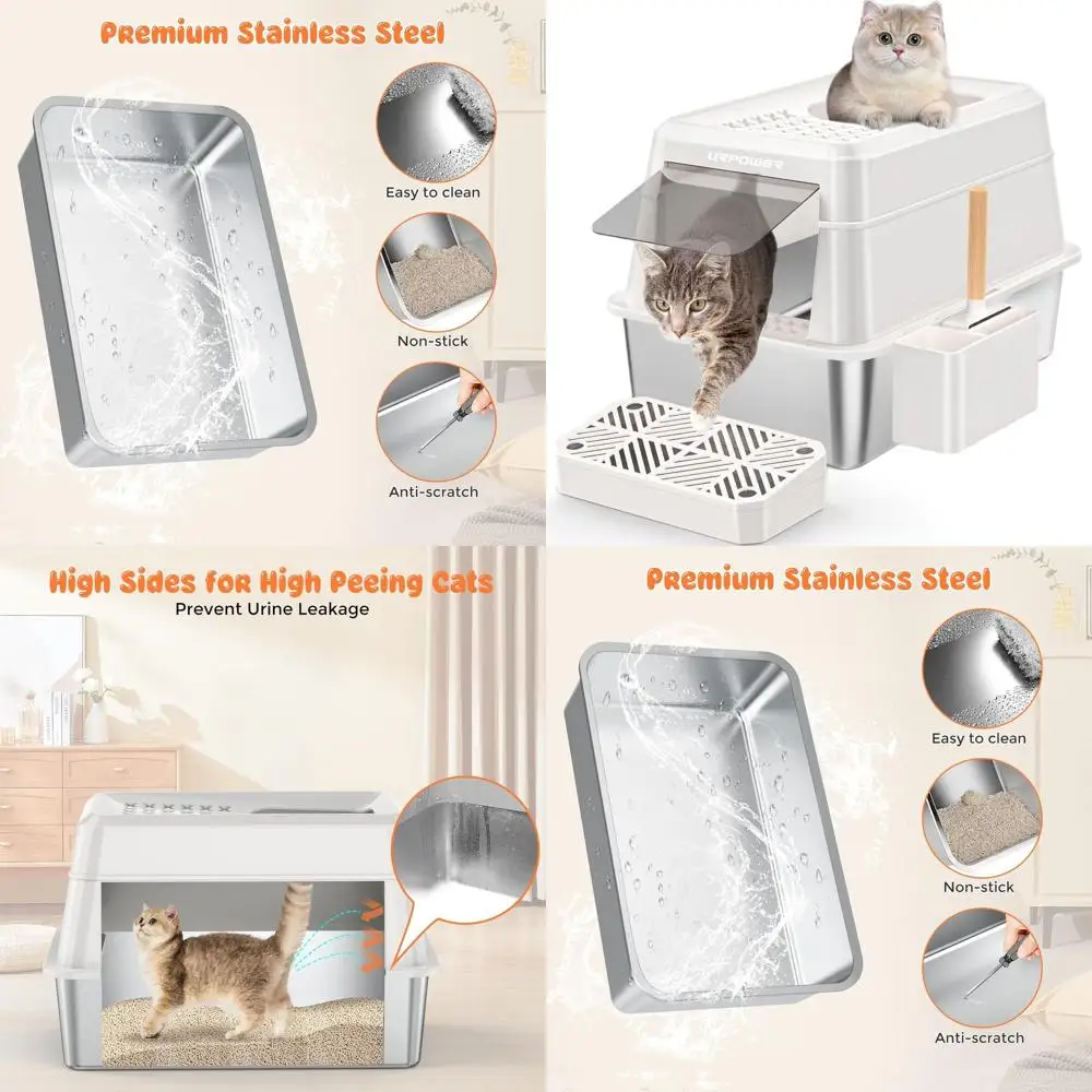 

Extra Large Enclosed Stainless Steel Cat Litter Box with Lid, Non-Stick Pan, High Sides, Easy Clean, Front & Top Entry