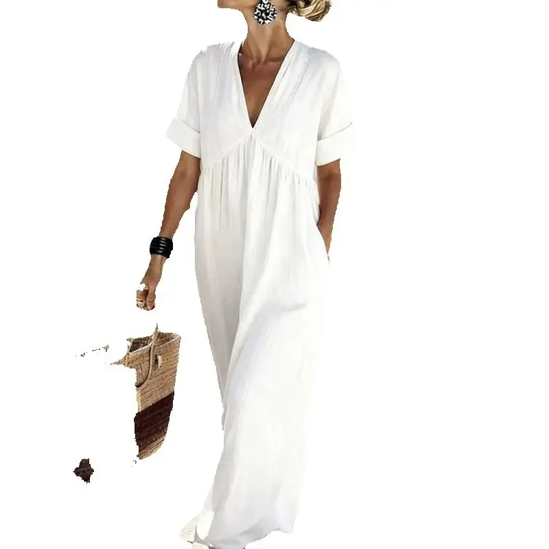 Neues Sommerliches Freizeitkleid mit V-Ausschnitt, lockeren Kurzärmeln, Strand- und Urlaubskleid für Damen, modisches Maxikleid mit Taschen, einfarbiges langes Kleid für Damen