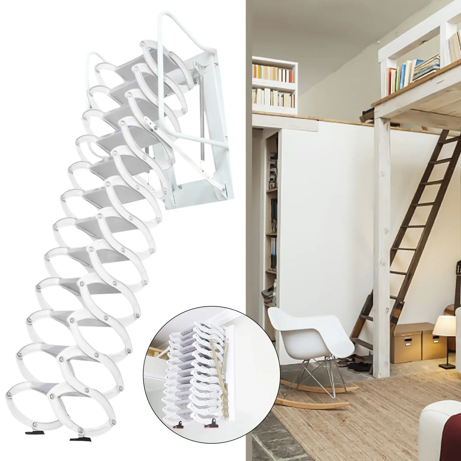 Wall-Mounted Folding Stairs for Attic Retractable Loft Ladder with Armrests Handle Ladder Extension Staircase White 12 Steps