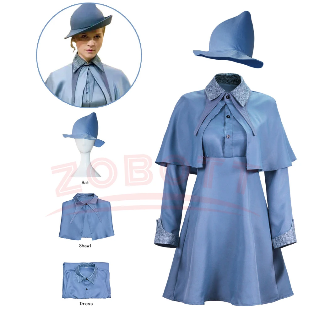 Wizard School Witch Fleur Isabelle Delacour Cosplay Costume Beauxbaton Magic Women School Uniform Hat Dress Suit Halloween