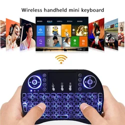 Jogo 2.4g teclado sem fio air mouse touchpad árabe francês espanhol russo retroiluminado mini teclado sem fio para pc android tv