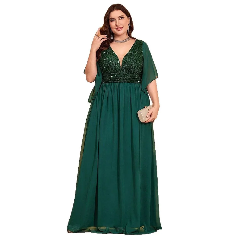 Gaun Pesta Panjang Model Slim Fit Bahan Chiffon Berpayet V-neck Modis Musim Panas 2026 untuk Wanita