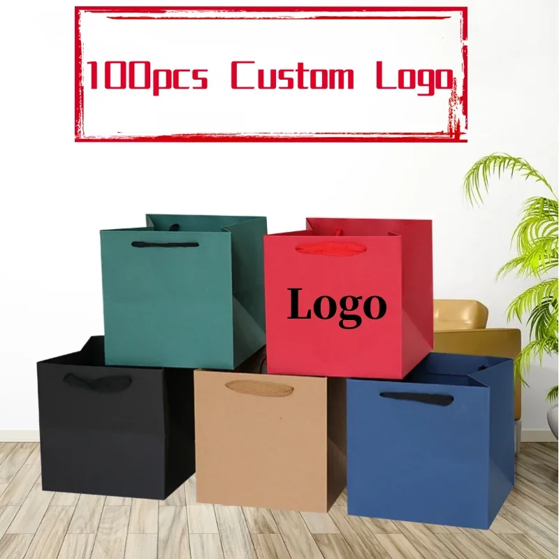 100pcs Custom Logo Square Paper Bag Personalized Gift Packaging Bag With Handle One Color Logo On One Side