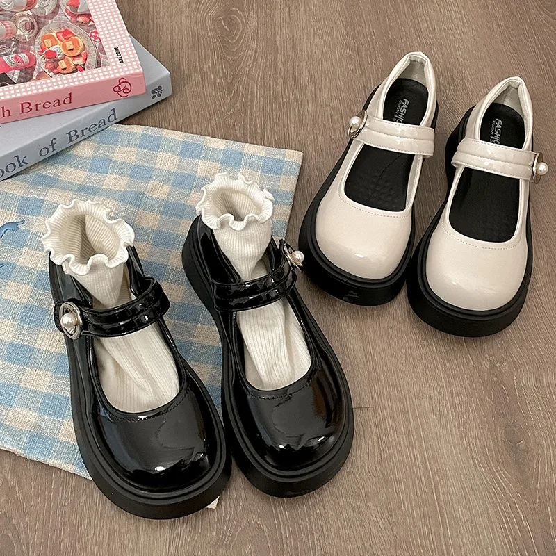 

Platform Thick Heel Women Mary Jane Shoes Fashion Shallow Round Toe Shoes Casual Outdoor Street Style Single Shoes Black Loafers