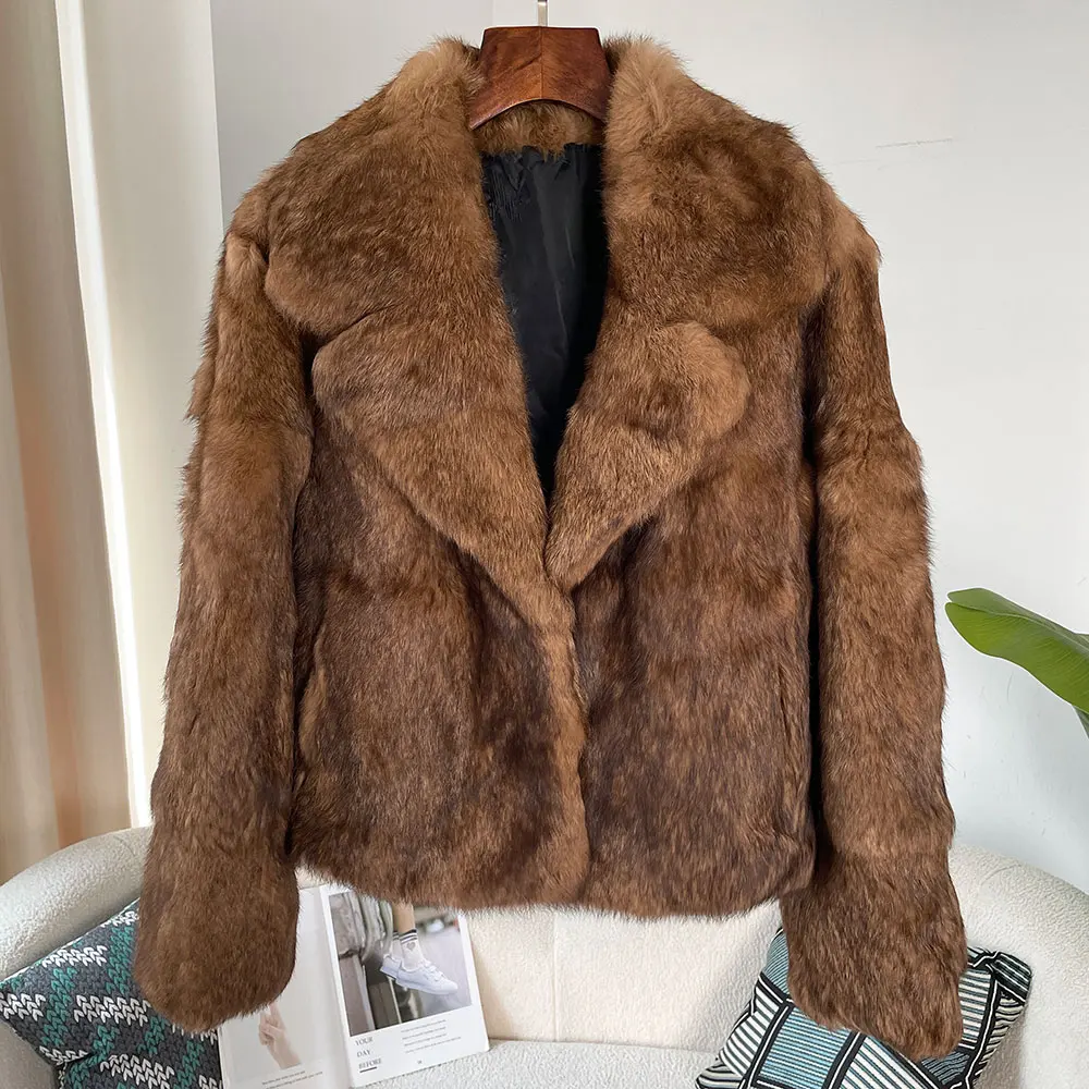 Real Natural Rabbit Fur Coat Winter Jacket Women Thick Warm Elegant New Fashion Turn-down Collar Outerwear Streetwear Leopard