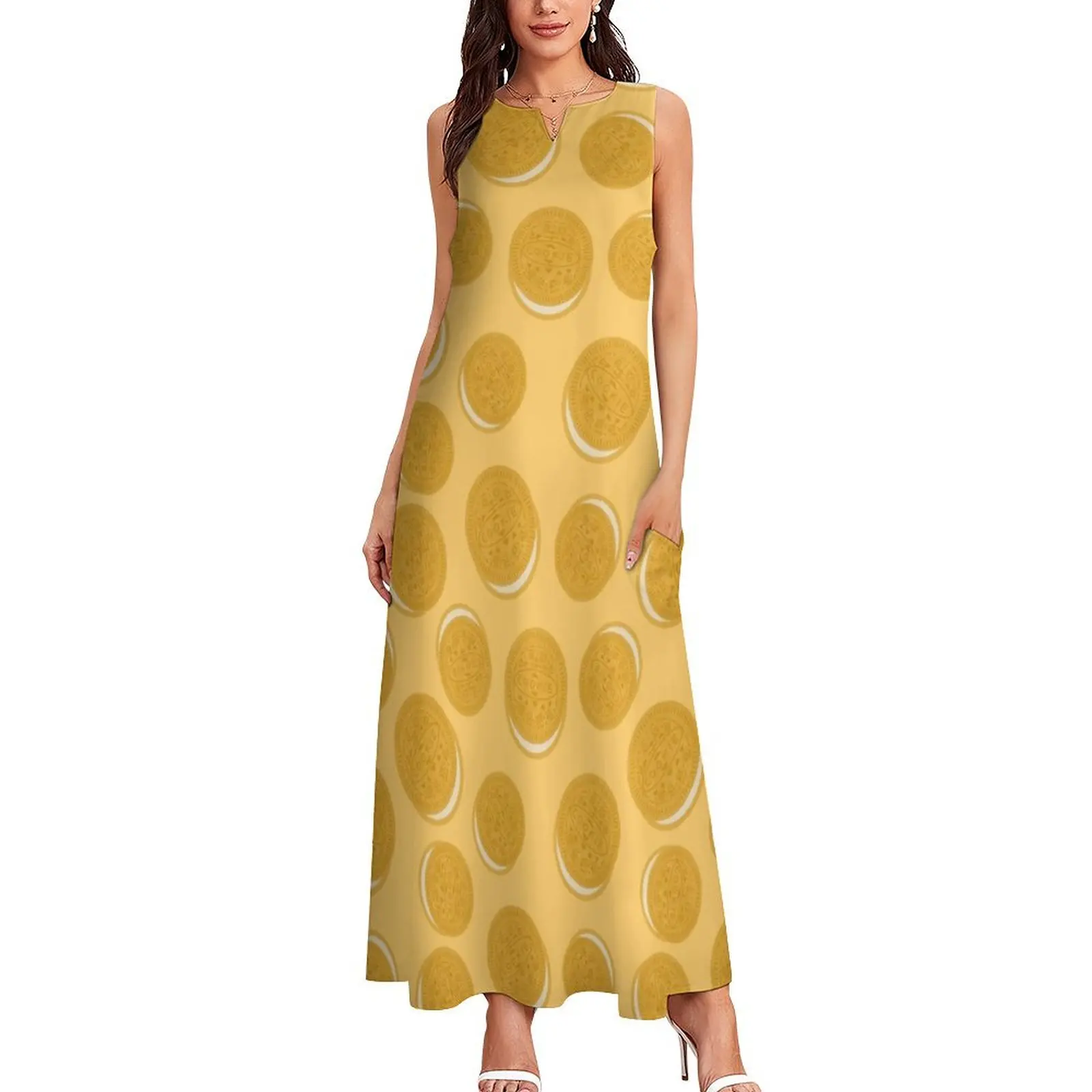 Golden Cookie Doodle Pattern Long Dress women's luxury party dress clothes for women summer dresses