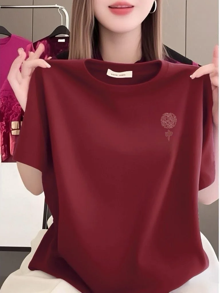 

Spring New Arrival Mid-Late Age Women's round Neck Short Sleeve Deep Purple Top Breathable Loose Fit Polyester Fiber T-Shirt