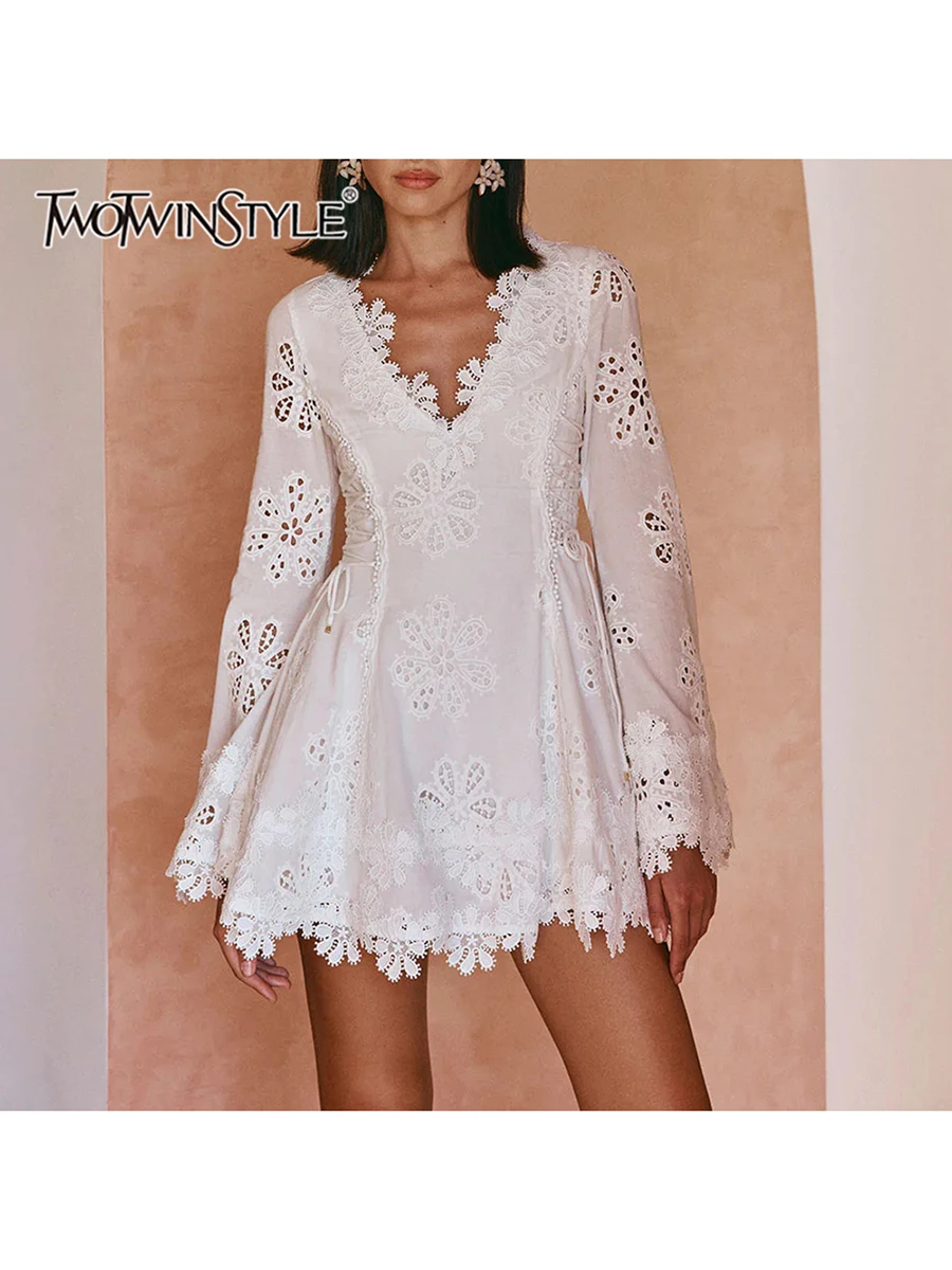 

TWOTWINSTYLE Solid Hollow Out Mini Dresses for Women V Neck Long Sleeveless High Waist Temperament Dress Female
