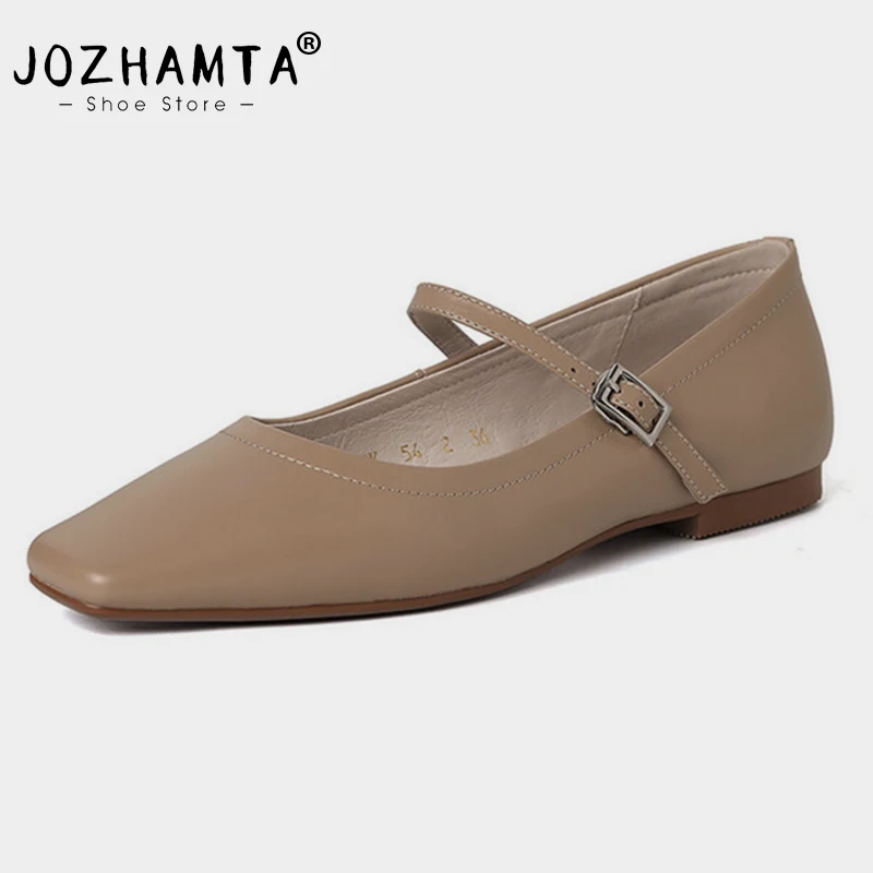 JOZHAMTA Size 34-40 Women Casual Ballet Flats Shoes 2025 Ins Real Leather Buckle Strap Soft Square Toe Low Heels Office Lady