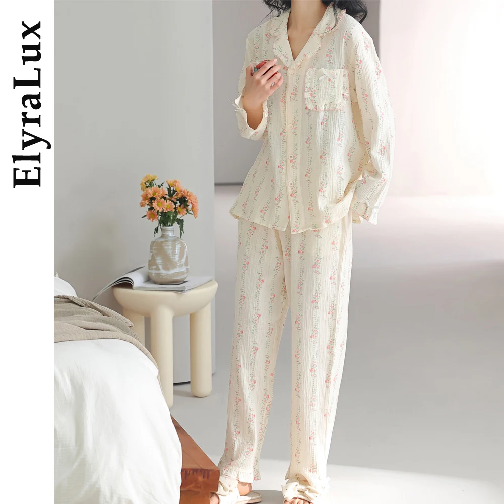 

ElyraLux весенне-осенняя пижама с длинными рукавами и длинными брюками, одежда для сна, женская повседневная домашняя одежда, комплект удобной домашней одежды в ленивом стиле