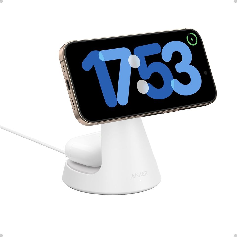  Anker 2-in-1 MagSafe Charging Stand, Qi2 Certified 15W Fast Wireless Charger for iPhone 16/15/14/13/12 and AirPods ( No Adapter) 