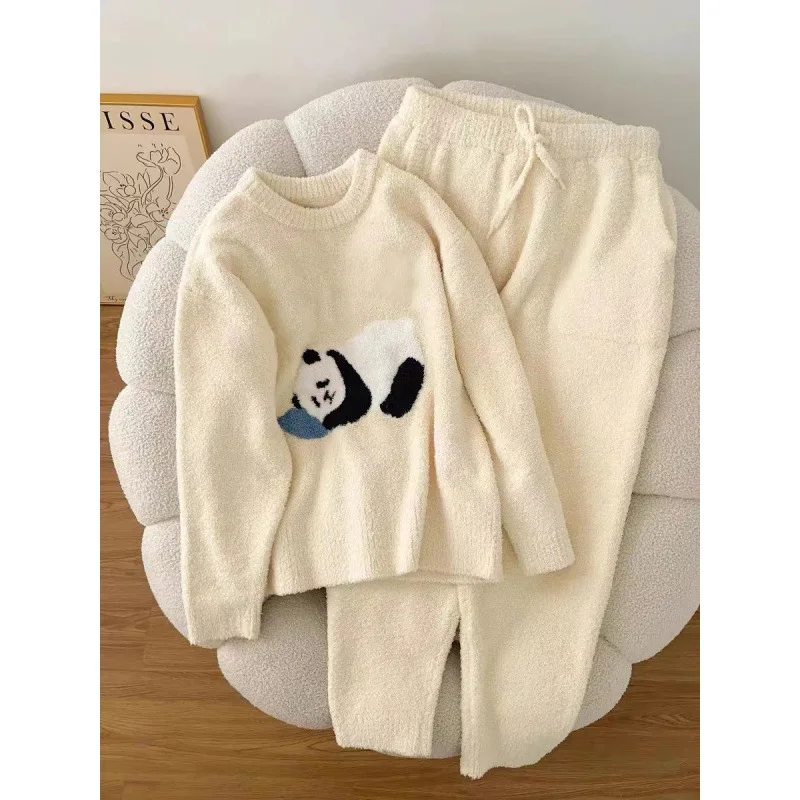 New Cute Panda Half Velvet Pajamas Women\'s Fall and Winter Thickened Thickened Warm Pajamas Ladies Coral Velvet Homewear Suit