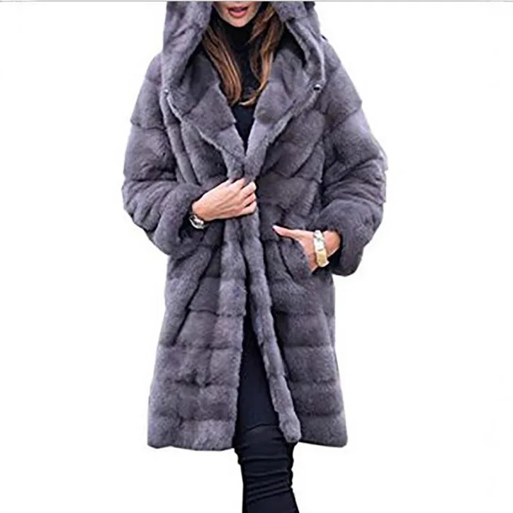 Women Faux Fur Coat Long Hooded Jacket Solid Color Plush Warm Outerwear Loose Fit Elegant Casual Autumn Winter 2023 Fashion Tops