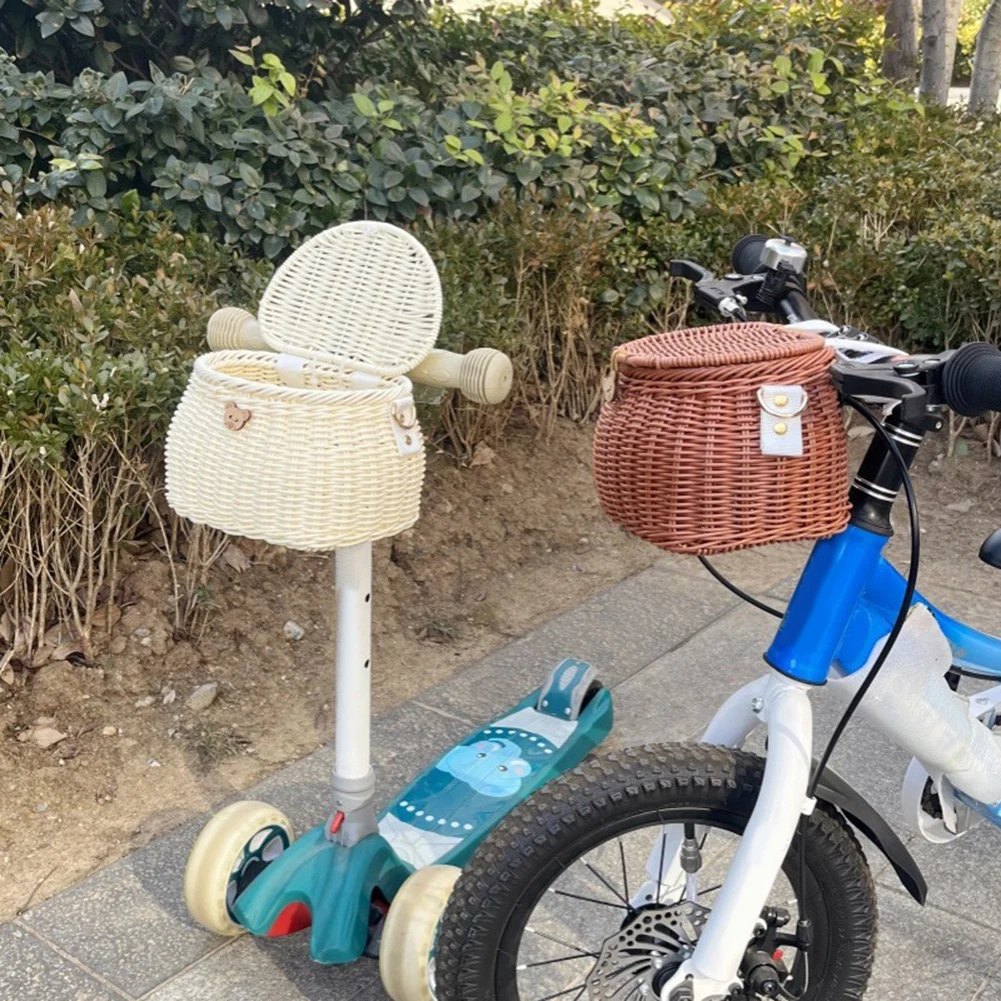 

Bike Handwoven Basket Backpack with Lid Cycling Handlebar Basket Adjustable Leather Straps for Kids Adult Bikes Accessories