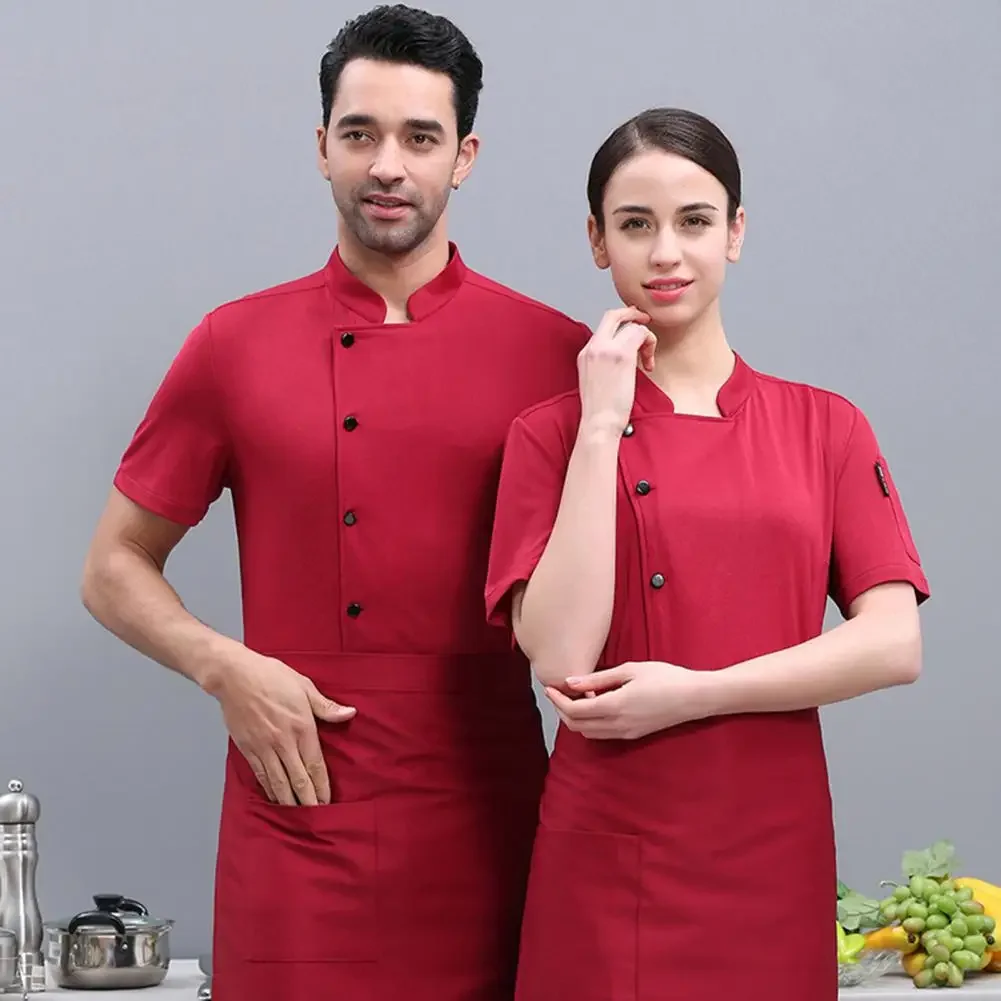 Stain Proof Restaurant Kitchen Uniform Men Chef Shirt Stand Collar Single Breasted Hotel Chef Clothes Short Sleeve Chef Outfit