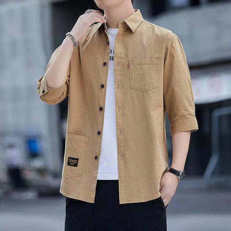 Casual Short Sleeve Shirt Men's Summer Thin Seven-Five Sleeve Shirt Wear-Resistant Dirt-Resistant Six-Five Sleeve Jacket