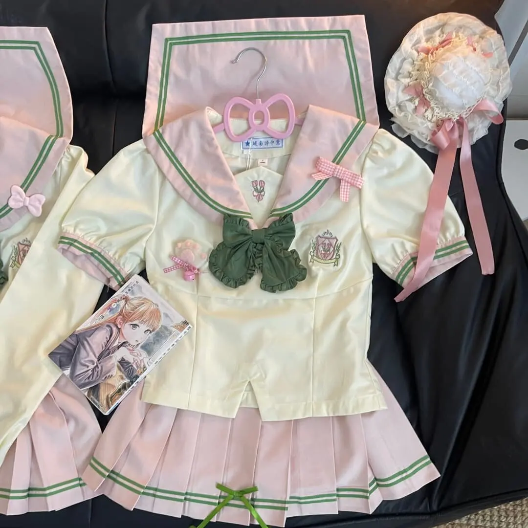 Uniforme Escolar Japonés Estilo Marinero Rosa, Uniforme JK de Manga Corta/Larga para Otoño/Verano, Conjuntos de Falda Plisada para Estudiantes