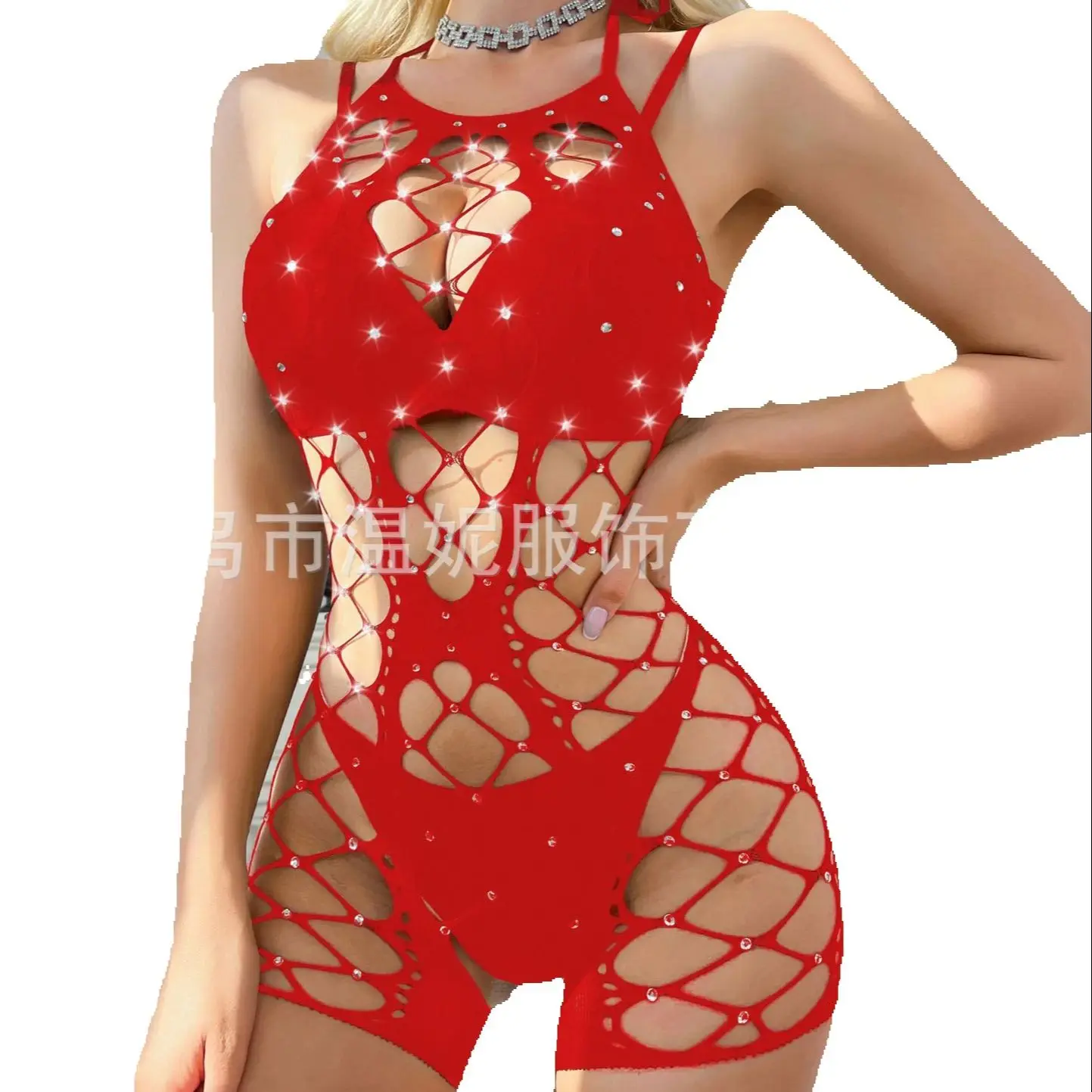 ผู้หญิงเพชร-Studdedประกายตาข่ายขนาดใหญ่HalterคอBackless RhinestoneคริสตัลFishnet Bodystockingชุดชั้นใน