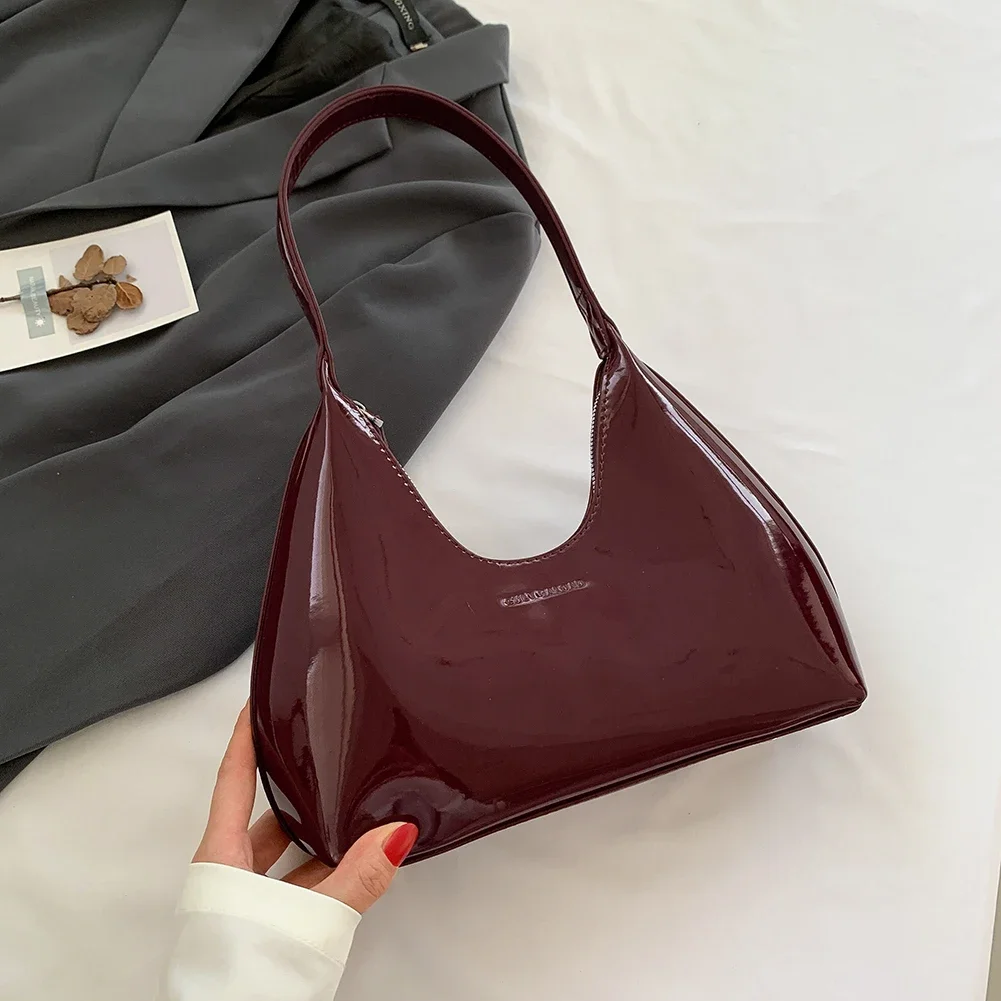 Women\'s Patent Leather Small Shoulder Bag Vintage Wine Red Handbag Luxury Brand Chic Hobo Bag High Quality Fashion Armpit Purses