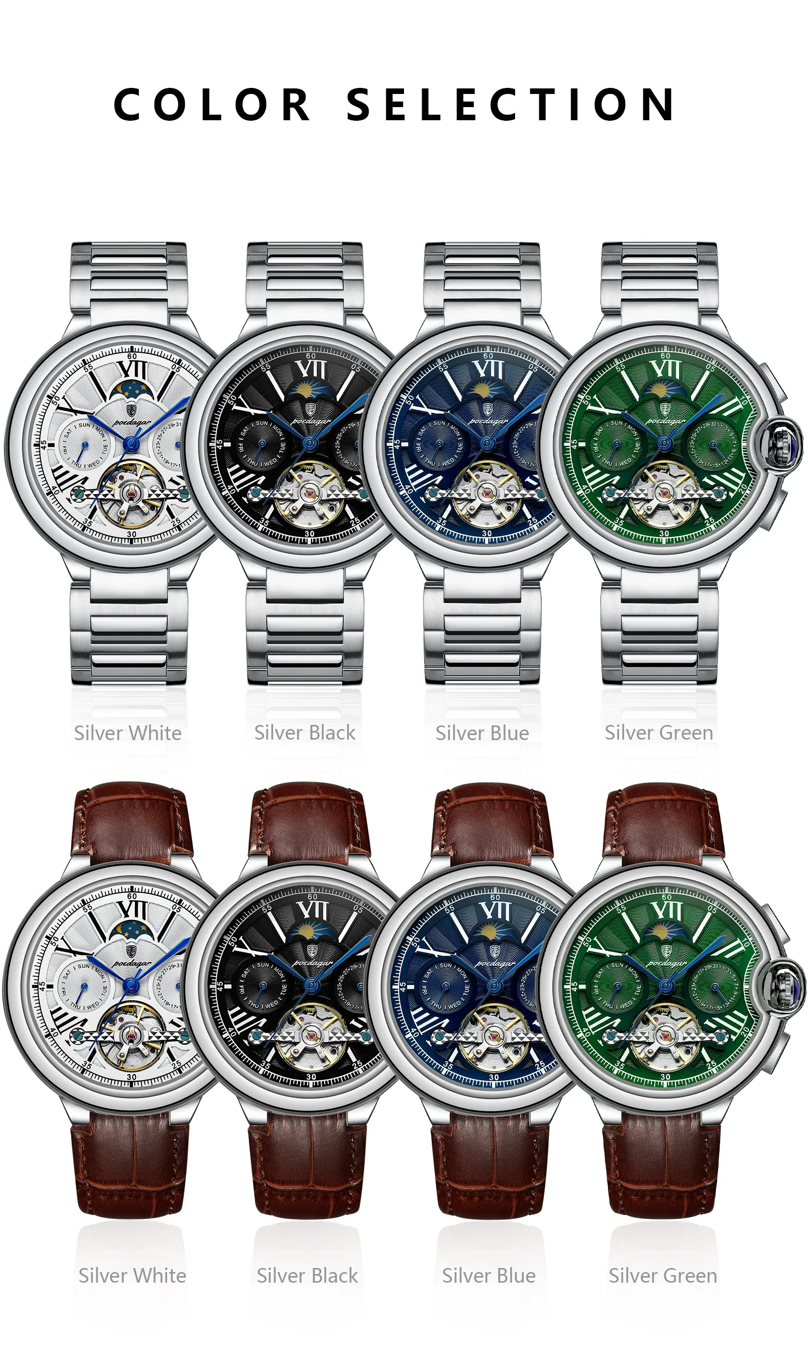 POEDAGAR Luxus Business Männliche Uhr Datum Woche Edelstahl Tourbillon Männer Uhr Wasserdichte Automatische Mechanische herren Uhren – Detail 10