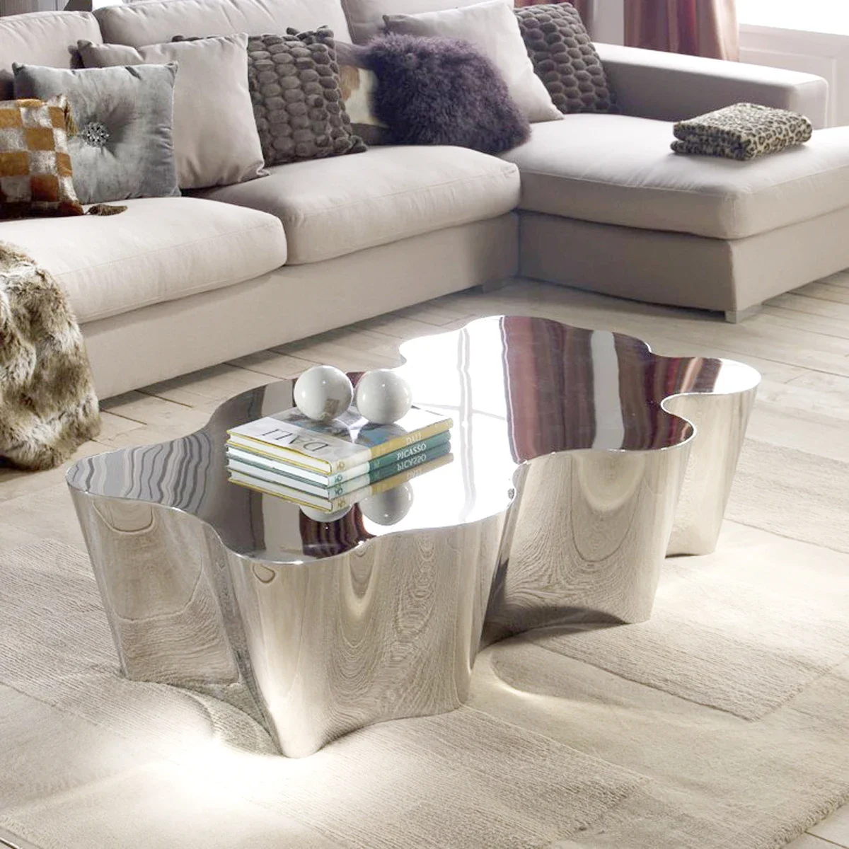 

Customized Italian minimalist stainless steel silver glossy coffee table designer high-end custom creative club coffee table