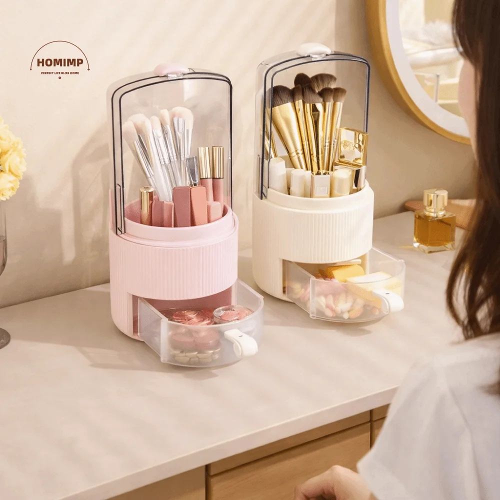 

Пластик 360 ° Вращающийся органайзер для кистей для макияжа, круглый, пылезащитный, водонепроницаемый, с выдвижным ящиком, для хранения косметики