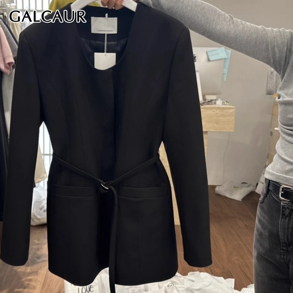 

GALCAUR черная темпераментная куртка с поясом, женская свободная офисная женская куртка с круглым вырезом и длинным рукавом, осенняя модная новинка