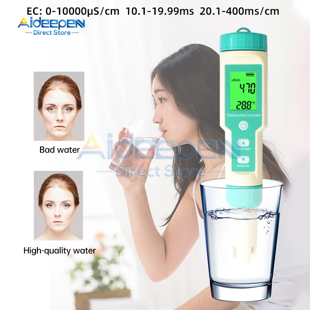 Multifunctional PH Meter Waterproof Water Quality Tester TDS/PH/EC/SALT/S.G/ORP/TEMP Test Pen with backlight for Aquarium Pool