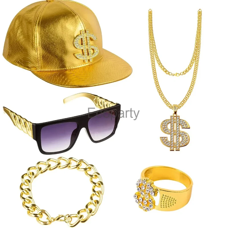 Set di accessori per costumi hip-hop anni '80 e '90 per uomo Rapper vintage Cosplay Catena in metallo dorato Anello da dollaro Bracciale Occhiali da sole Cappello