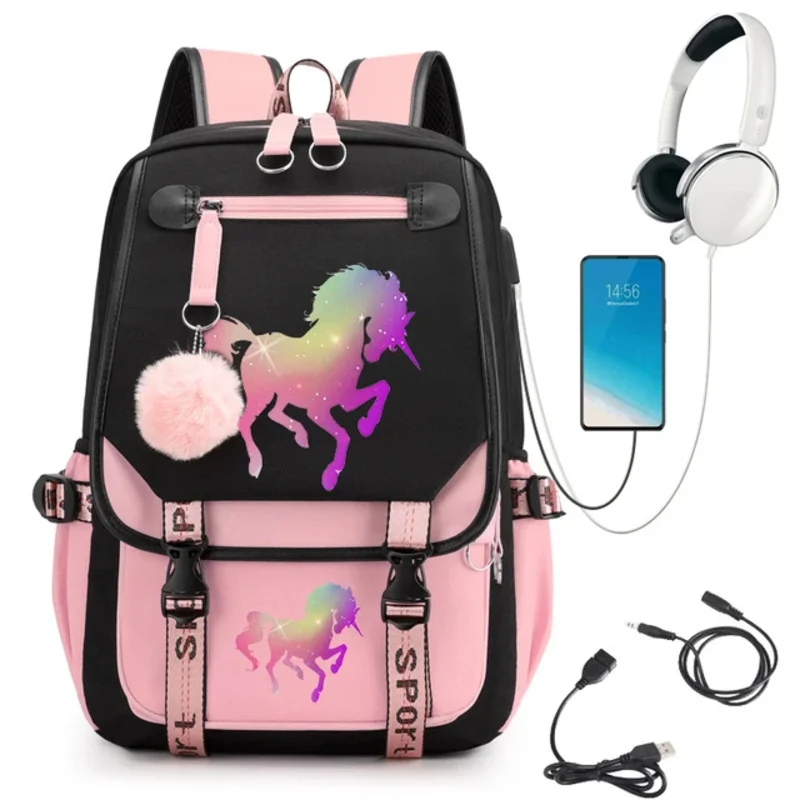 Cute Anime Horse School Bag para meninas adolescentes, Cartoon Bagpack, mochila estudantil, carregamento USB Mochila