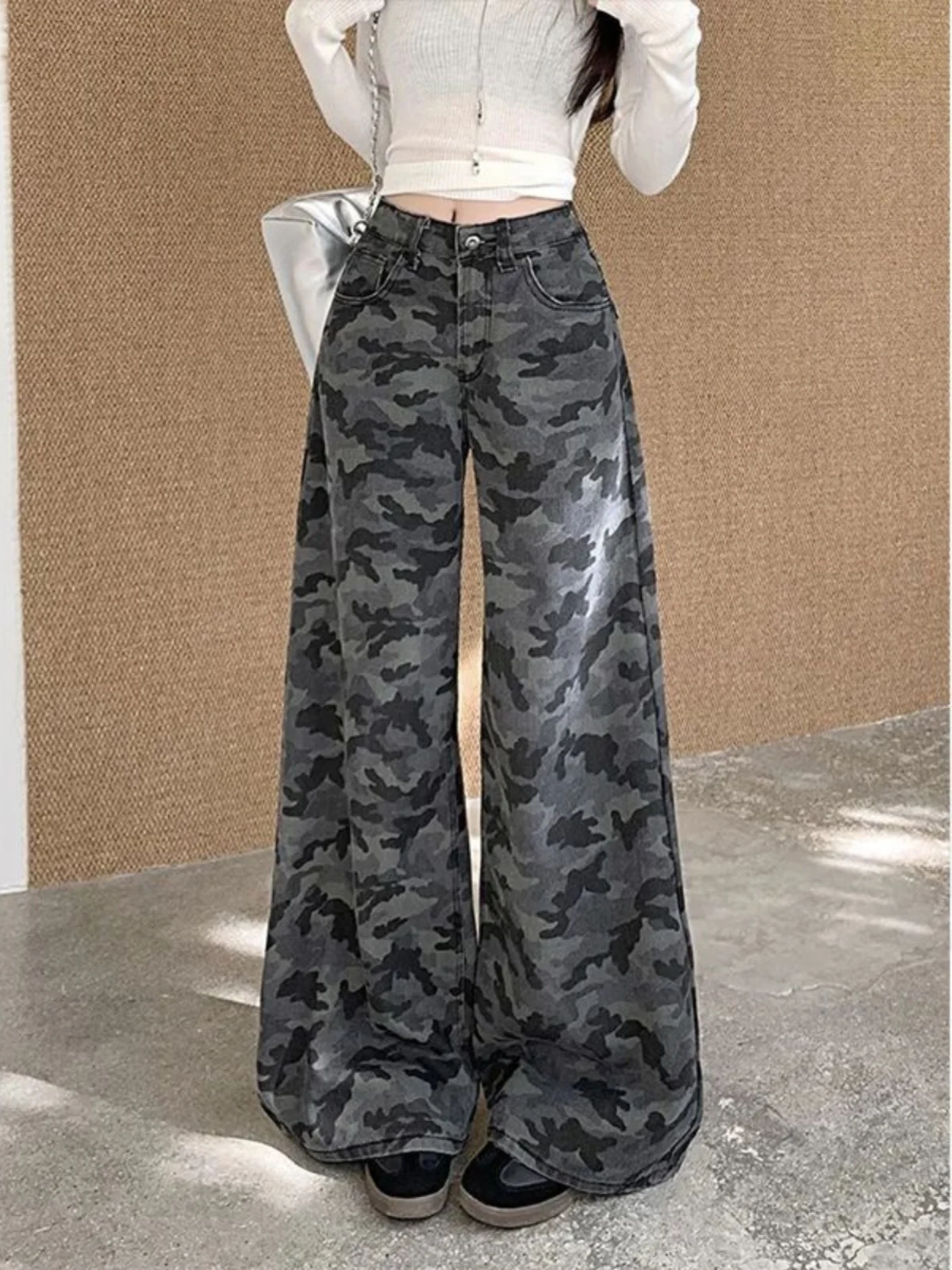 

American High Street Camouflage Wide Leg Jeans Women's Small Size Trendy High Waist Loose Slim Straight Drapey Floor-Length P...