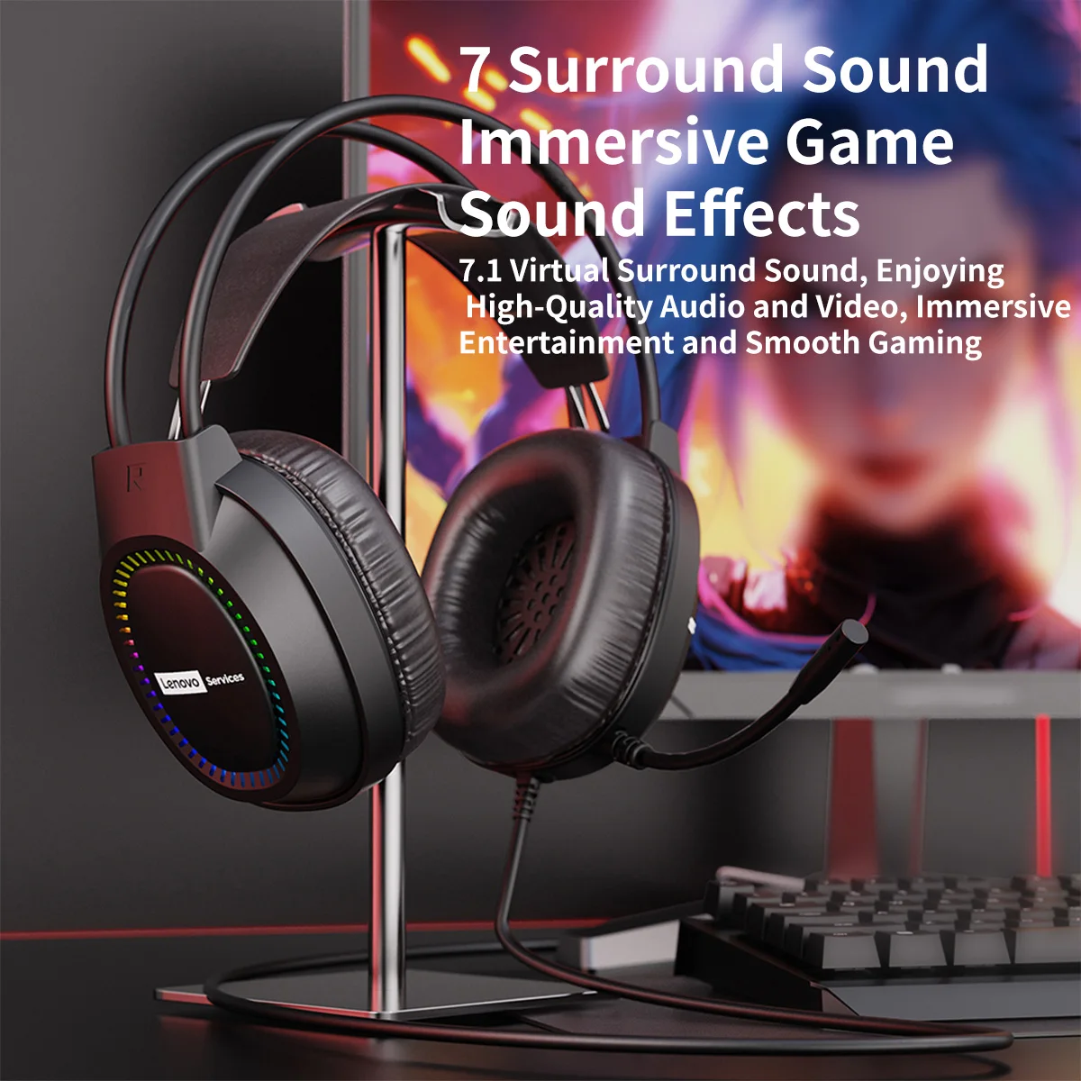Lenovo for PC Laptop Over Ear Gaming Headset with Microphone RGB Lighting, Comfortable Fit Sound-Isolating Noise-Cancelling