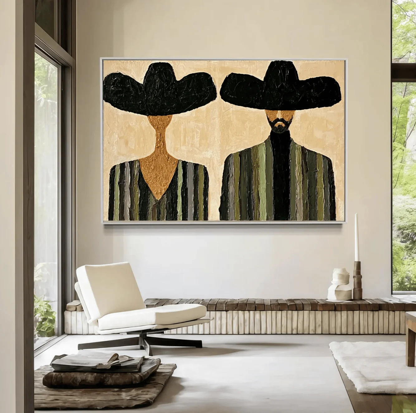 Abstract Figure Wide Brim Hat Oil Painting Wall Art Canvas Prints Posters Decor, Neutral Art for Living Room Bedroom Decor